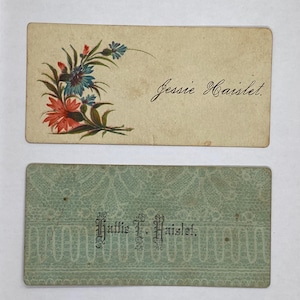 Lote de 2 tarjetas de visita personales antiguas de la FAMILIA HAISLET de la década de 1870, efímeras vintage