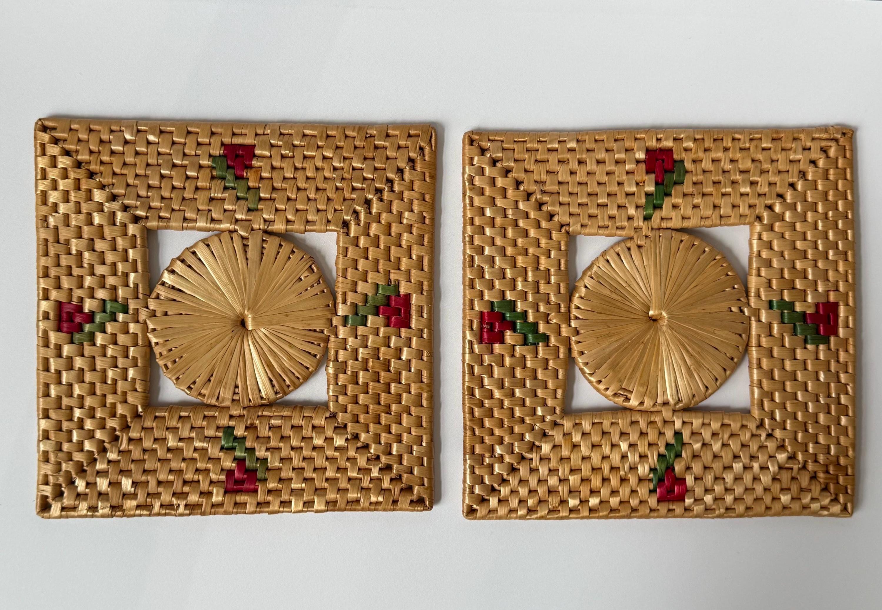 Vintage LOT of 2 Square mid-century hand woven straw trivets hot pads