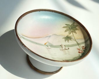 Vintage Nippon Porcelain Pedestal Dish, Hand Painted River Landscape