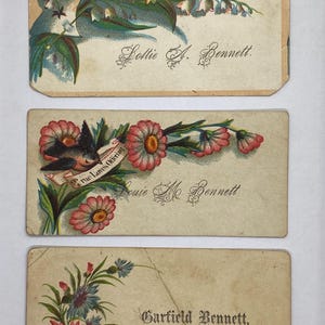 Lote de 3 tarjetas de visita personales antiguas de la FAMILIA BENNETT, década de 1870, efímeras vintage