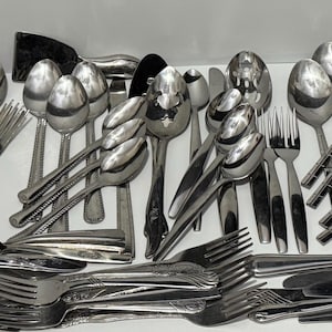 HUGE 66 pc Lot of Mid Century various stainless silverware cutlery utensils forks, spoons, knives