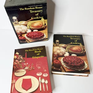 May include: A collection of vintage cookbooks, including "The Random House Treasury of Cooking" and "The Random House Book of Etiquette." The books feature colorful covers with images of food and dining settings. The books are in good condition.