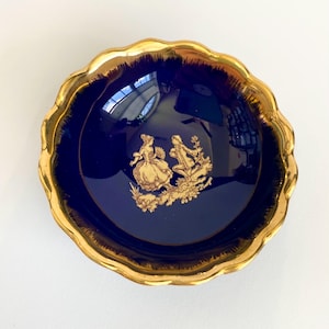Vintage LIMOGES France 2.5” MINI Porcelain bowl Cobalt blue, 22k gold accents courting couple scene trinket tray dish decorative bowl