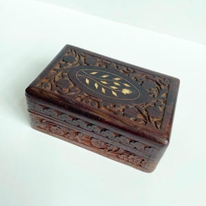 Vintage Hand carved Wooden trinket box Inlaid floral design Indian traditional Jewelry box