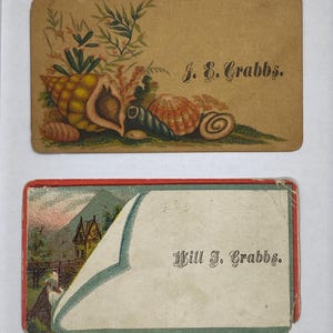 Lote de 2 tarjetas de visita personales antiguas de la familia Crabbs, década de 1870, efímeras vintage