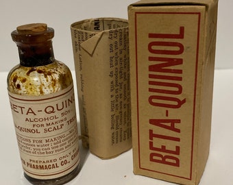 Early BETA-QUINOL Hair Scalp treatment vintage antique medicine bottle with label and box with instruction sheet!