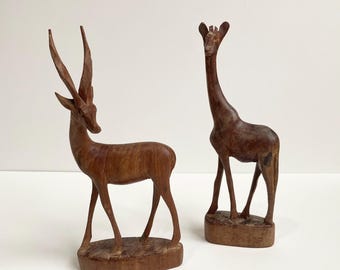 Vintage Hand carved Wooden Antelope and Giraffe Handmade african art animal sculpture decor