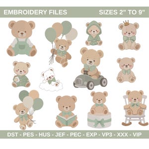 Puede incluir: Archivos de bordado digital con diseños de osos de peluche en varias poses y atuendos. Los tamaños varían de 5 cm a 23 cm. La paleta de colores incluye tonos marrones, verdes y crema. El texto 'ARCHIVOS DE BORDADO' y 'TAMAÑOS 2" A 9"' está incluido.
