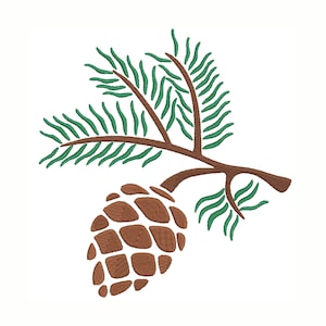 Może przedstawiać: Brązowy szyszkowy z zieloną gałązką sosny z igłami.