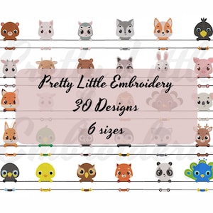 Könnte beinhalten: Eine digitale Illustration mit 30 Tierdesigns in 6 Größen. Die Tiere, darunter ein Bär, ein Fuchs und eine Eule, sind auf horizontalen Linien angeordnet. Der Text "Pretty Little Embroidery" wird in einem rosa Rechteck angezeigt.