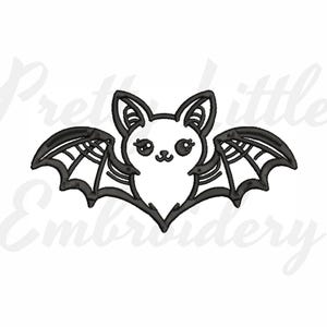 May include: A charming cartoon bat design, featuring a white body and black outline. The bat has large eyes, a small nose, and a smiling mouth. Its wings are spread, and the design is suitable for embroidery projects.