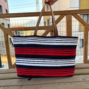 Bolso grande de algodón con asas de cuero - Bolso de mano tipo clutch - Bolso de cuerda de papel para mujer - Bolso de rafia