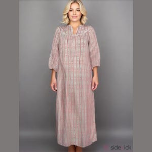 Lanz of Salzburg Vintage 90s Small Red White Heart Striped Flannel Nightgown Eyelet