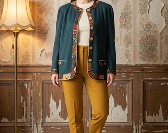 Blazer de punto verde vintage de los años 80 de Jeffrey & Dara con estampado floral de cachemir y botones dorados.