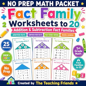 Fact Family Worksheets to 20, Addition and Subtraction Practice, 1st Grade Math Printable PDF