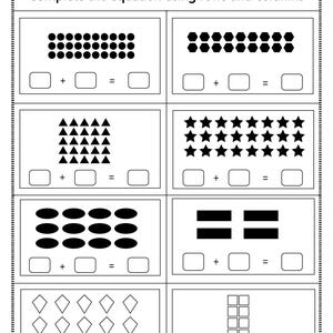May include: Black and white worksheet with math equations using rows and columns of different shapes. The shapes include circles, hexagons, triangles, stars, ovals, rectangles, diamonds, and squares.