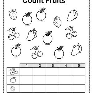 May include: A black and white worksheet with the title "Count Fruits". The worksheet has a grid with numbers 1 to 5 at the top and images of cherries, apples, strawberries, and mangoes in the rows below. The worksheet is designed for children to count the number of each fruit and write the number in the corresponding grid cell.