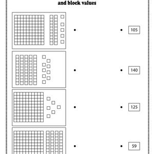 May include: A black and white worksheet with the title "Match and connect the dots with same number and block values." The worksheet includes number blocks and numbers to match. The numbers are 105, 140, 125, and 59.