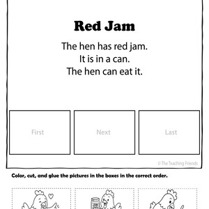 Puede incluir: Hoja de trabajo en blanco y negro titulada "Red Jam". El texto dice "The hen has red jam. It is in a can. The hen can eat it." Incluye cajas con ilustraciones de gallinas.