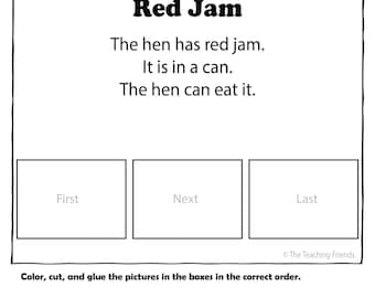 Peut inclure: Feuille de travail en noir et blanc intitulée "Red Jam". Le texte dit "The hen has red jam. It is in a can. The hen can eat it." Comprend des cases avec des illustrations de poules.