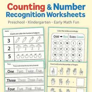 Counting and Number Recognition Worksheets Fun Math Activities for Preschool Kindergarten Early Learning Printable