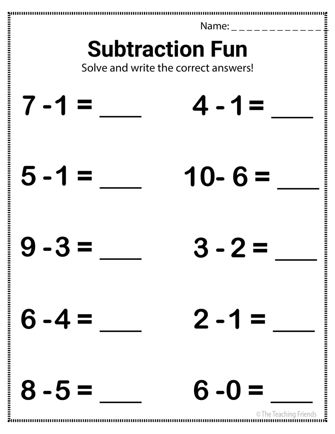 25 Printable Subtraction Worksheets for Kids | Numbers 1–10 Math ...