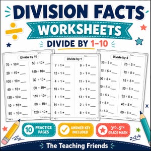 Division Worksheets 1-10, Division Facts Practice, 3rd 4th 5th Grade Math, Printable Division Drills, Instant Download