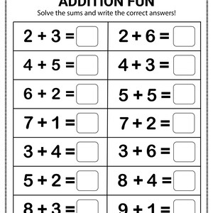 Addition Worksheets Math Practice Fill in the Blanks Numbers 1 to 15 Kindergarten First Grade Second Grade Learning Printable Fun Activity