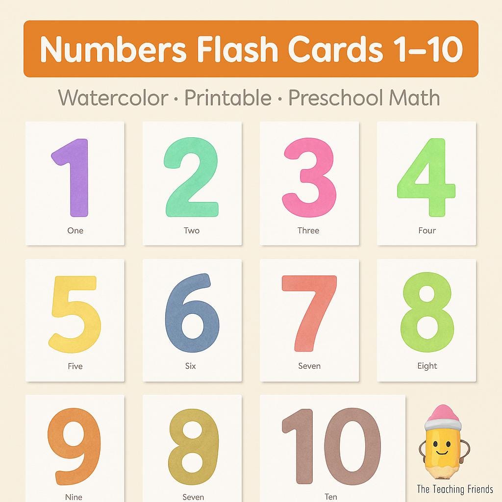 Watercolor Numbers Flash Cards 1-10: Printable Math Learning (PDF & JPG ...