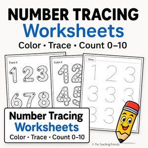 Op de afbeelding: Werkbladen voor het traceren van getallen met de tekst "Number Tracing Worksheets Color • Trace • Count 0-10". De werkbladen bevatten getallen om te traceren, in te kleuren en te tellen. Een lachende cartoonpotlood is ook te zien.