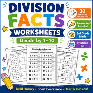 Division Facts Worksheets PDF, Divide by 1-10 Practice, 3rd Grade Math, Answer Key, Homework Centers