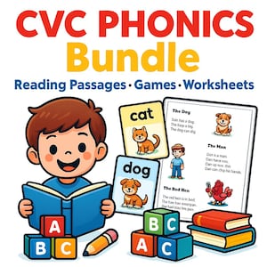 Kindergarten CVC Phonics Bundle, Reading Passages, Phonics Games, CVC Worksheets, Early Literacy Activities, Short Vowel Practice