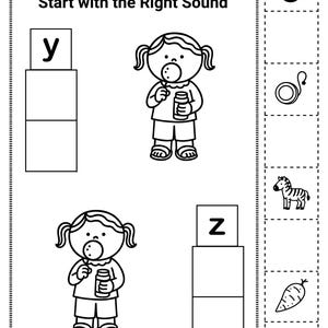 Hojas de trabajo de sonidos iniciales para preescolar / Actividades de recortar y pegar el alfabeto / Práctica de reconocimiento de sonidos de letras (PDF)