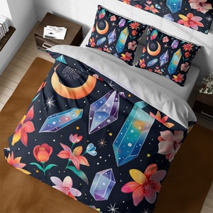 Witchy goth cosmic crystal stars bedding, celestial space decor, vintage floral aesthetic duvet cover, boho full bedding, astrology gifts