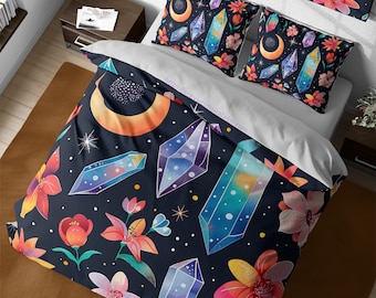 Witchy goth cosmic crystal stars bedding, celestial space decor, vintage floral aesthetic duvet cover, boho full bedding, astrology gifts