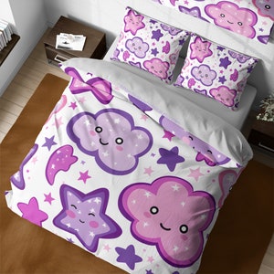 Cartoon clouds and stars bed time duvet cover set, cute kids bedding, space themed nursery room decor, girls duvet, colorful bedspread set