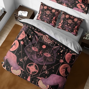 Gothic Black Cat Duvet Cover Set, Unique Boho Bedding Set, Dark Aesthetic Bedroom Decor, Gift for Halloween, Witchy  bedspread