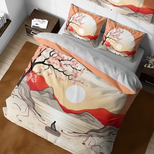Rust orange japanese aesthetic bedding set, abstract lake & pink cherry blossoms duvet cover, home decor, japanese sakura tree decoration