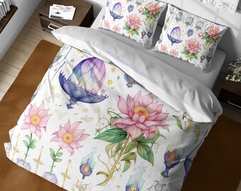 Mystical Watercolor Candles and Pink Lotus Bedding Set, Vintage Floral Shabby Chic Flowers Duvet Cover, Full King Queen Dorm Duvet Cover