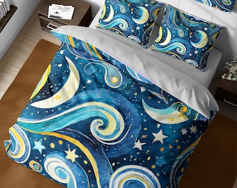 月と星の掛け布団カバー、天体寝具、夜空の寝室セット、三日月ベッド