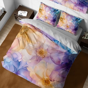Yellow & Purple Floral Tie Dye Marble Bedding Set, Watercolor Abstract Wildflowers Duvet Cover, Girl Comforter Cover, Cute Girly Duvet Sets