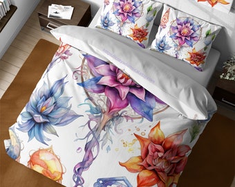 Whimsical Lotus Flower Mandala Abstract Bedding Set, Vintage Succulent Plants, Enchanting Watercolor Flowers Duvet Cover, Magical Room Decor
