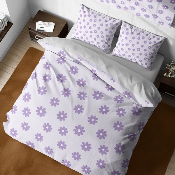 Vintage Floral Purple Daisies Cotton Duvet Cover Set, Retro Groovy Zipper Bedding, Full Queen Comforter Quilt Bed Cover, Girls Dorm Bedding