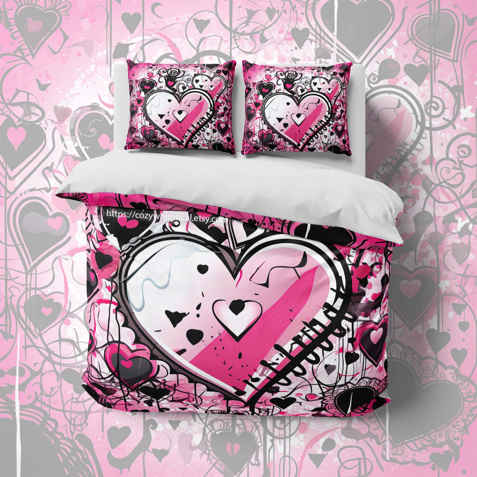Big Heart Cotton Duvet Cover Set, Pink Bedding, Girly Quilt Cover, Punk ...
