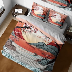 Traditional coral red japanese bedding set, oriental cherry blossoms duvet cover, girly room decor, sakura tree japanese blossom decoration