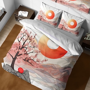 Pink cherry blossoms & japanese flag eye illusion bedding set full, sakura tree duvet cover, girly room decor, japanese blossom decoration