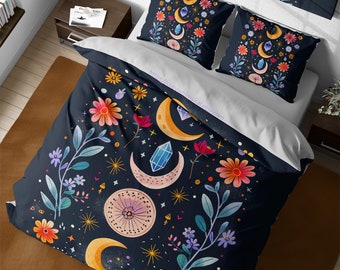 Boho Moon Cycle Bedding Set, Hippie Floral Whimsical Bedroom Decor, Witchy Mystical Duvet Cover, Witch Art Vintage Aesthetic Black Bed Cover