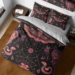 Witchy Cotton Duvet Cover Set, Gothic Owl, Snake & Moon Bed Set for Dark Aesthetic, Classy Gothic Bedspread, Vibrant Gift for Halloween