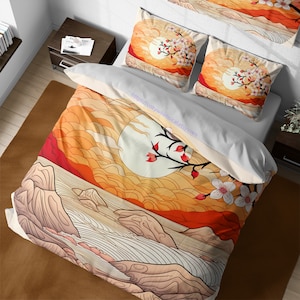 Japanese ukiyo-e style golden sunrise bedding set, abstract mountain lake and cherry blossom tree duvet cover, japanese blossom decoration