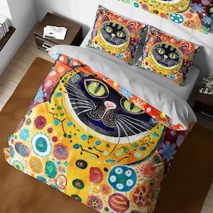 Stylized Black Cat Bedding Set, Yellow Cotton Duvet Cover, Boho Hippie Quilt Cover, Cat Lovers Gift, Unique Bedspread